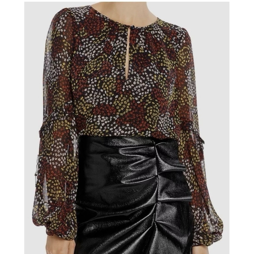 JOIE Women's Baltasar Blouse Size Medium Black Floral Silk Balloon Ruffle Sleeve